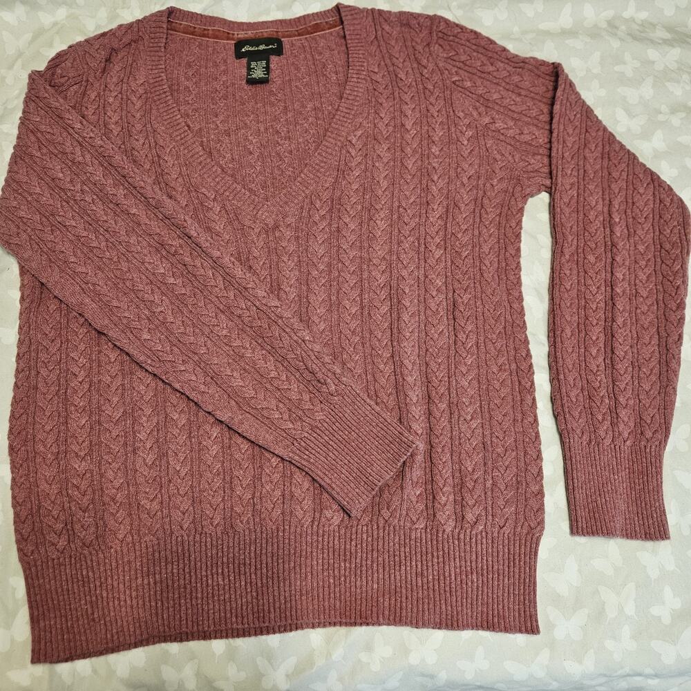 Eddie Bauer Mauve Cable-Knit Preppy Sweater L Cotton Angora Cashmere Women